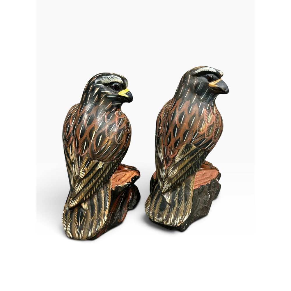 Vintage Hand Painted Bird Figurines Hand Carved Stone Pair Two Falcons? Hawks?